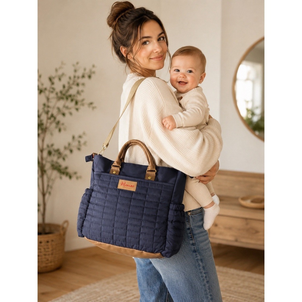 Maman New York Diaper Bag Navy Blue/ Beige Quilted Shoulder Bag Messenger Look